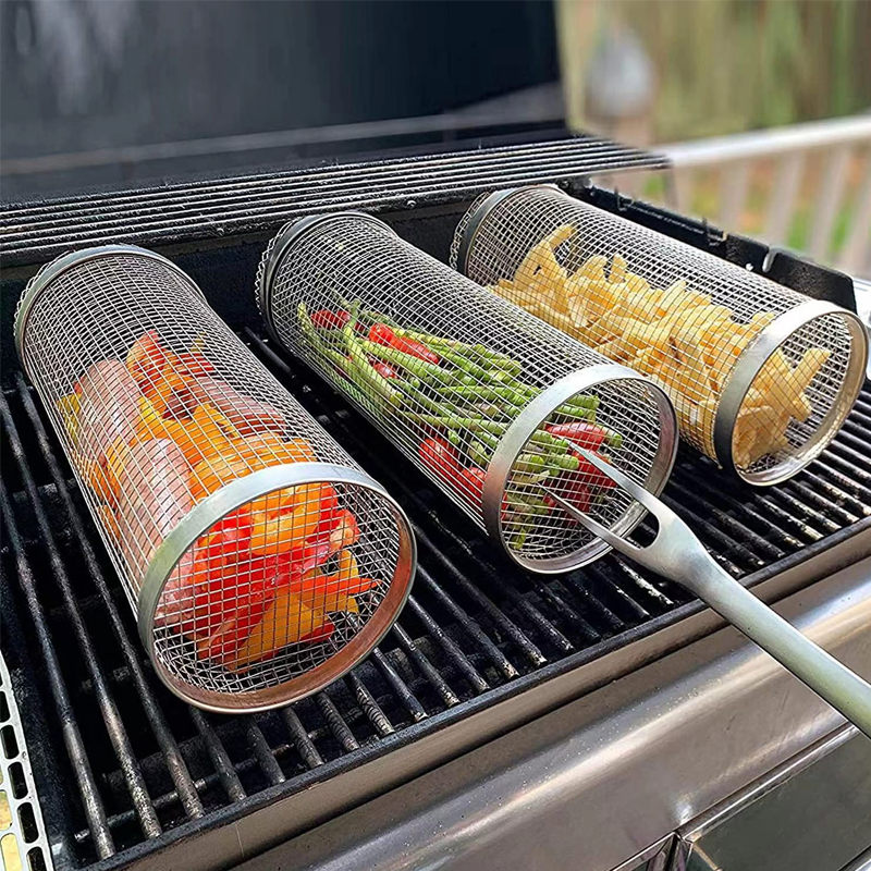 Wholesale Stainless Steel Bbq Rotisserie Basket Bbq Grilling Accessories Outdoor Camp Round Bbq Grill Basket